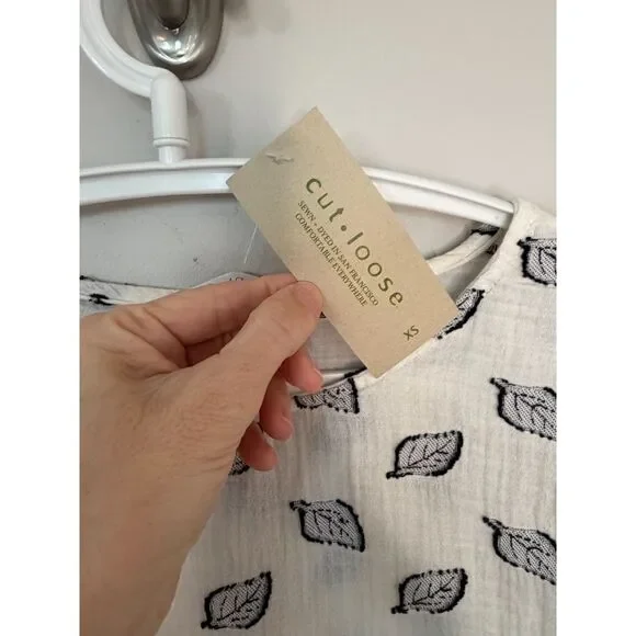 Cut Loose NWT Leaf Print Cotton Gauze Top Oversize XS Boho Relaxed Natural USA - Picture 4 of 9